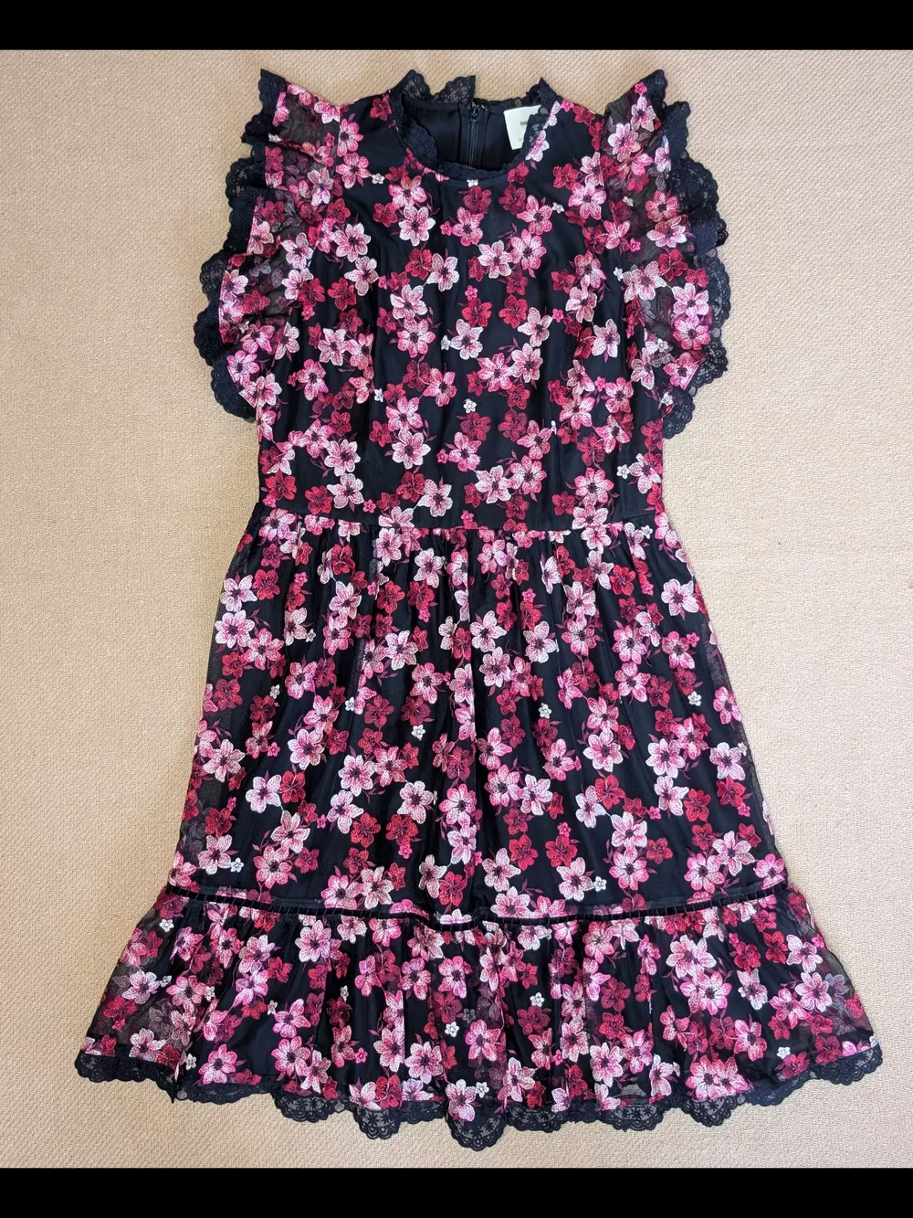 Kate Spade Black and Pink Floral Embroidered Tulle Flutter Sleeve Mini Dress